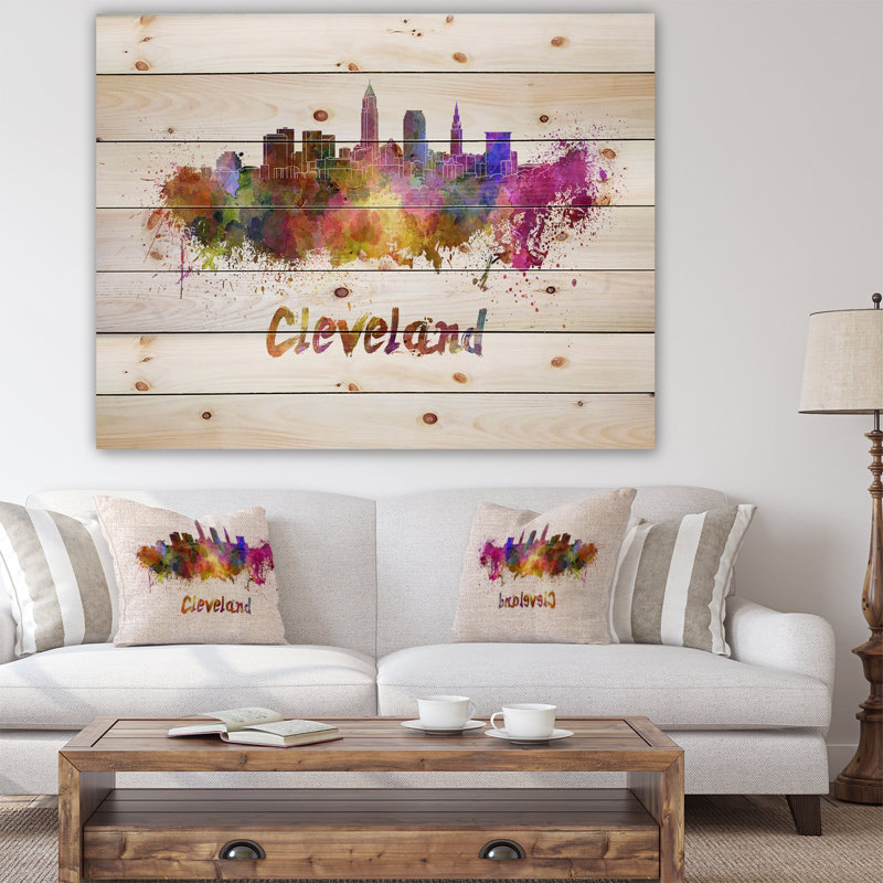 Cityscape Cleveland Skyline - impression d'art graphique, H 36 po x l 46 po x P 1,5 po, Bois