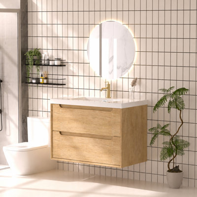 Meuble-lavabo mural 36 po avec lavabo en résine intégré - chêne naturel
