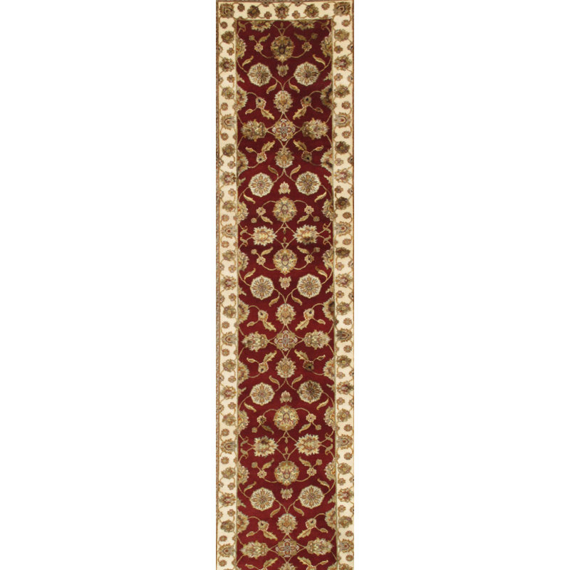 Tapis rouge / ivoire en laine noué à la main Agra, Tapis de couloir 2 pi 6 po x 19 pi 11 po