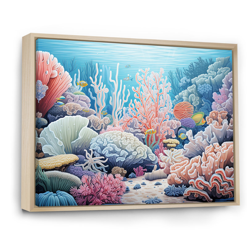 Kawaii rose corail côtier sur toile, Cadre naturel flottant, H 34 po x l 44 po x P 1,5 po
