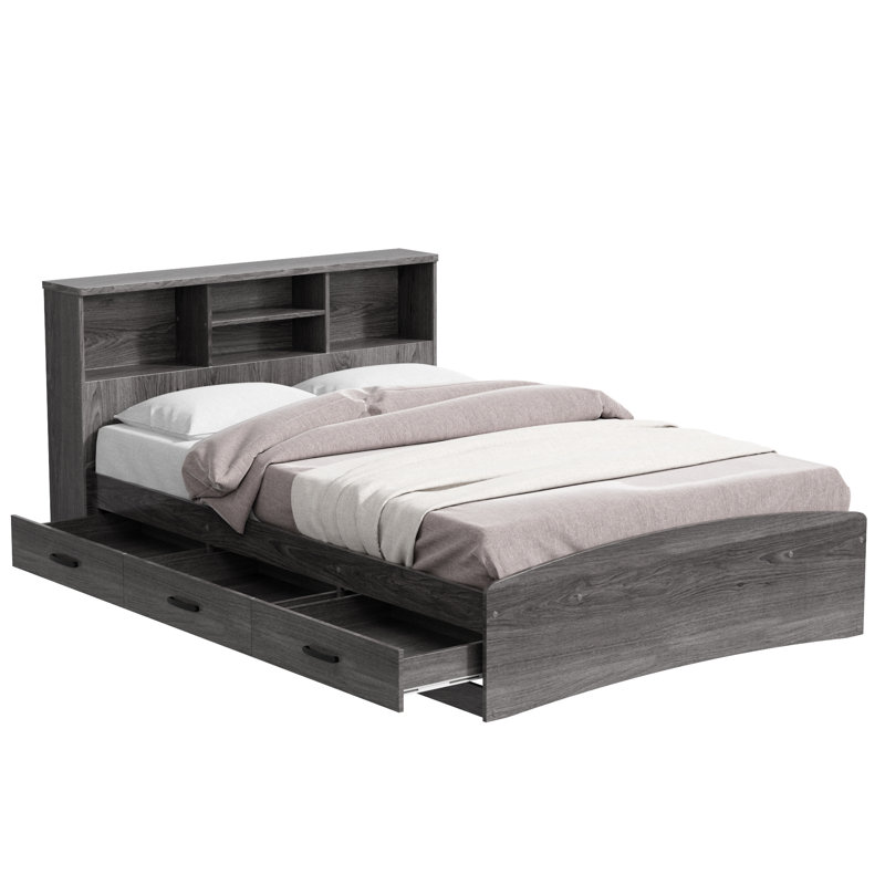 Base de lit avec rangement et tête de lit Monira, Gris, Lit double