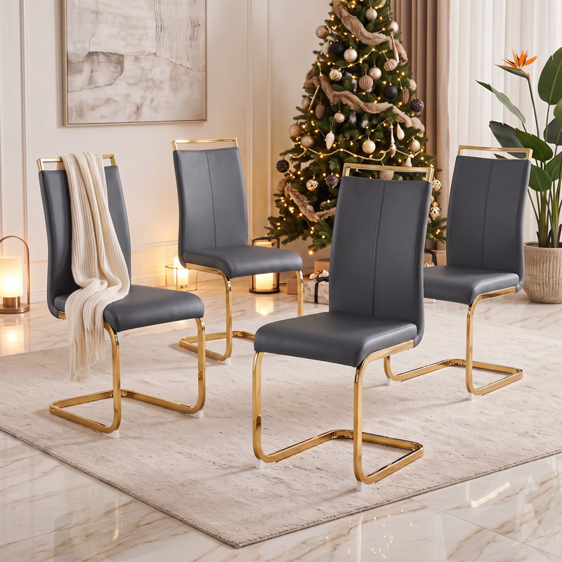 Chaises de salle à manger en similicuir rembourrées modernes avec base en métal (ensemble de 4), Gris foncé
