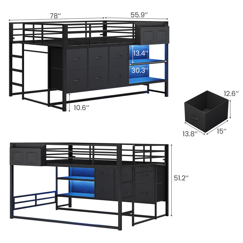 Lit superposé double au-dessus de simple avec 6 tiroirs de rangement, lits superposés en métal avec lumières à DEL, lit superposé convertible avec garde-corps très haut et échelle antidérapante