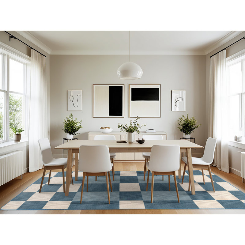 Machine Washable Checkered Blue Area Rug