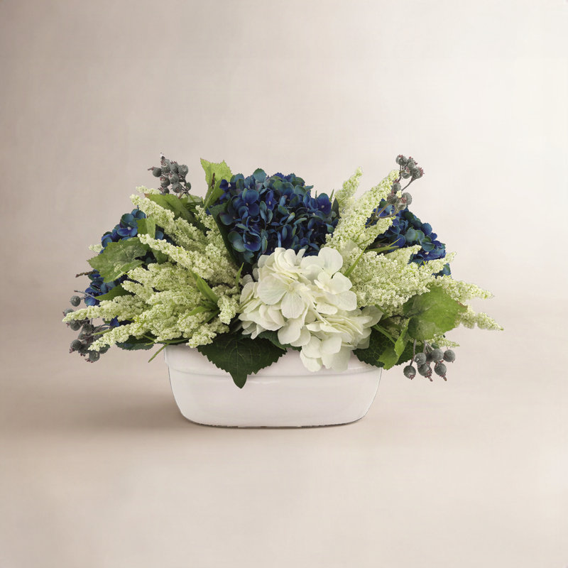 Hydrangea and Heather Arrangement, Dark Blue/White