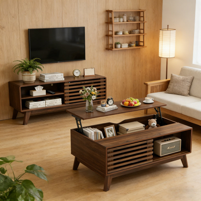 Ensemble de meubles de salon 2 pièces Mid-Century - Table basse avec rangement et console télé à lattes