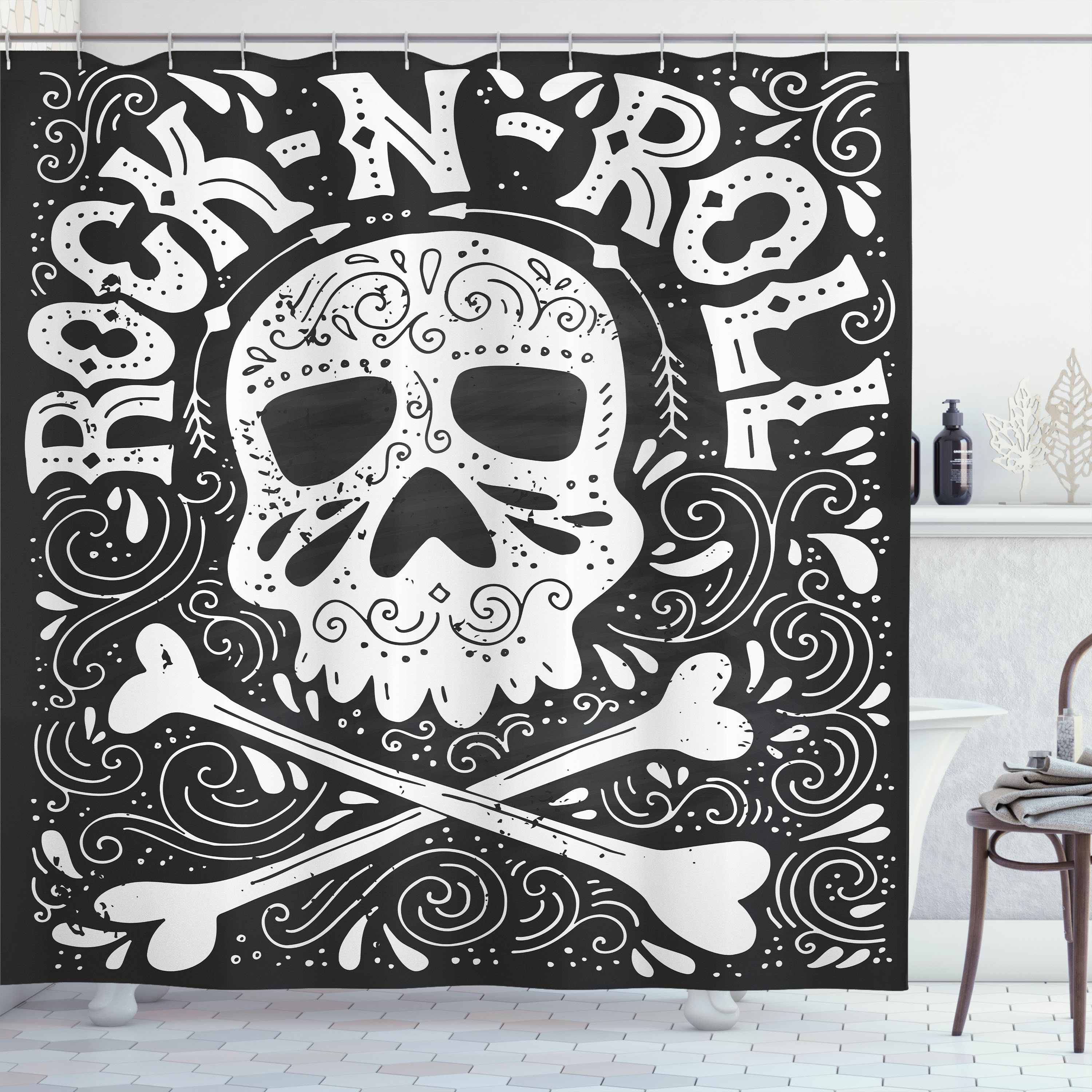 Ambesonne Rock and Roll Shower Curtain Gothic Ornate Skull Charcoal
