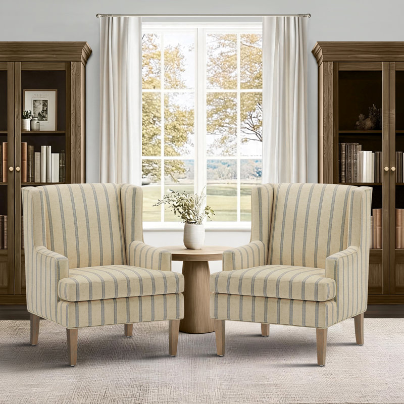 Fauteuil à oreilles rembourré en tissu 29 po avec pieds en bois massif Decker, Rayures verticales beiges
