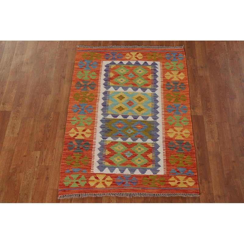 Tapis de vestibule oriental multicolore en laine Kilim 3 x 4