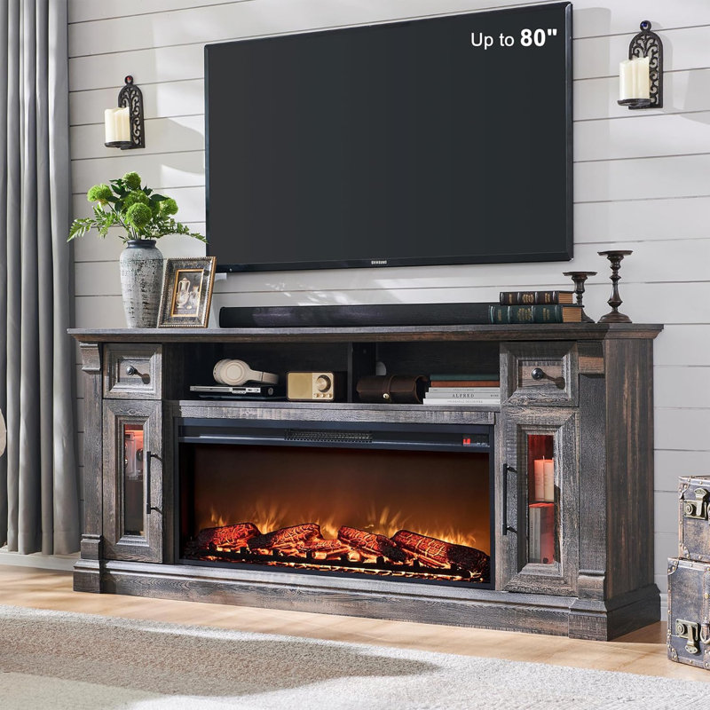 Diamandi Wood TV Stand with Fireplace, Dark Rustic Oak