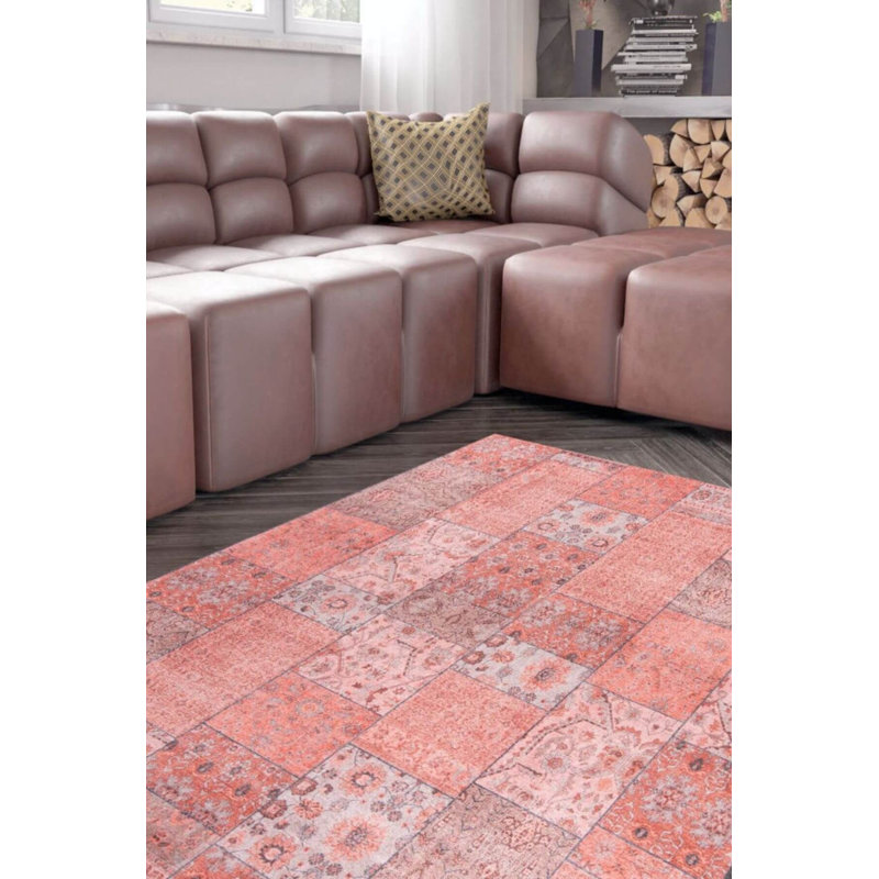 Tapis décoratif rose à motif tissé patchwork, Rectangle 4 pi 8 po x 6 pi 3 po