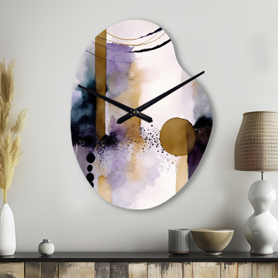 Falisha Abstract Geode Geometric Purple And Gold II - Irregular Shape Geometric Metal Wall Clocks, Asymmetrical Wall Clock Print