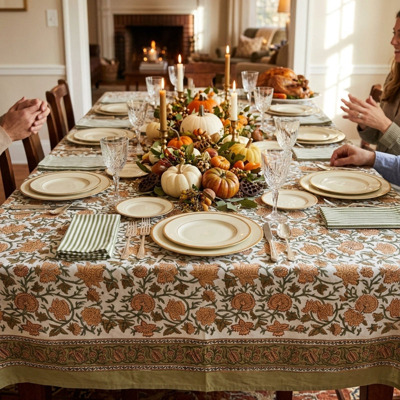 Golden Harvest floral tablecloth, 70" W x 108" L