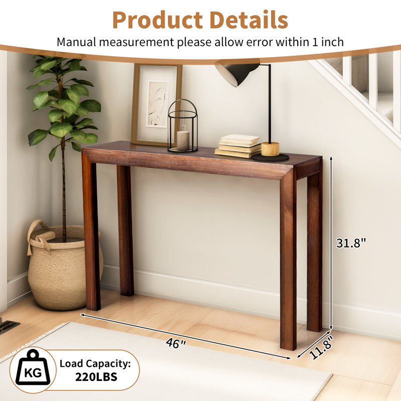 46” Solid Wood Entryway Table Narrow Console Table for Foyers & Hallways, Dark Brown Wood