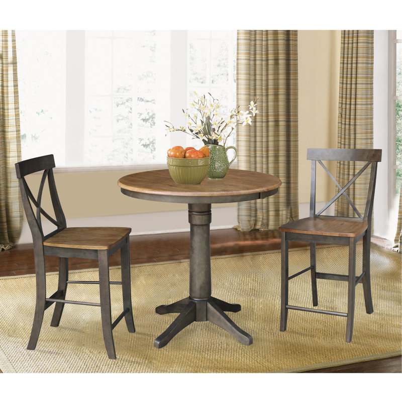 Chiani Counter Height Extendable Solid Wood Dining Set, Hickory/Washed Coal, 3
