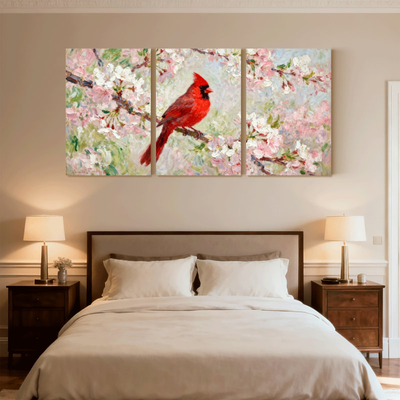 Oiseaux, cardinal rouge perché sur une branche de fleur, ensemble de 3 impressions sur toile, H 24 po x l 48 po
