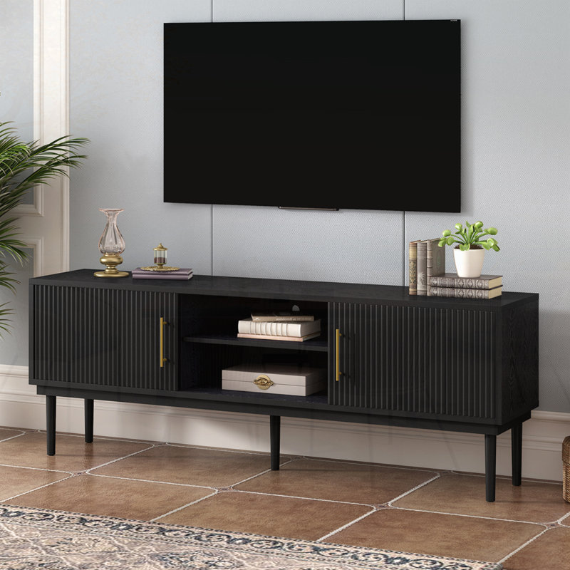 Console, conception de porte coulissante peu encombrante, pieds en bois, Noir, noir, noir, noir
