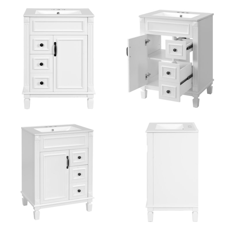 Meuble-lavabo compact de 24 po avec lavabo en céramique, 2 tiroirs et tablettes réglables, blanc, Noir, Blanc