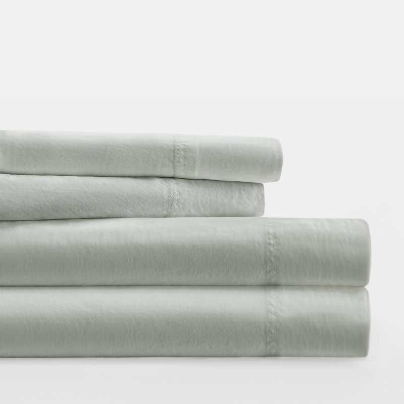 Sateen Long-Staple Cotton Deep Pocket Sheet Set, Green Mist, Split King Sheet Set with 2 Pillowcases