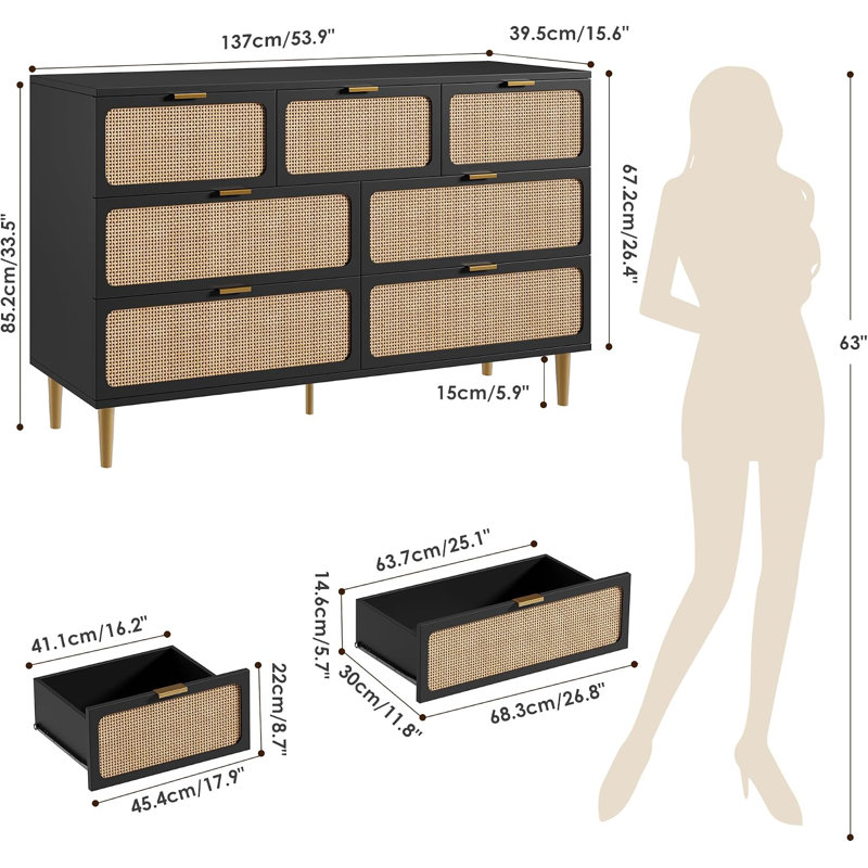 Commode à 7 tiroirs en rotin, armoire de rangement tissée noire pour la chambre à coucher, Noir