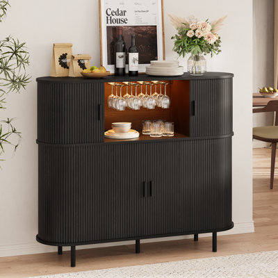 55.1'' Modern Home Bar With Table Power Outlet & RGB Lights, Wine Cabinet With Wine Glass Holder & Wine Rack