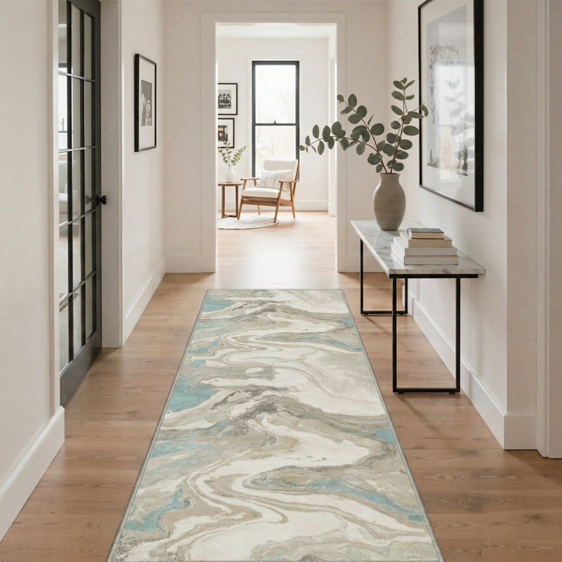 Tapis d'intérieur contemporain beige / bleu lavable à la machine avec envers antidérapant, Tapis de couloir 2 pi x 6 pi