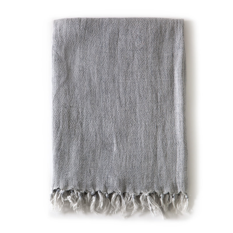 Indigo Montauk King-Size Heavy Linen Throw Blanket with Knotted Fray Edges