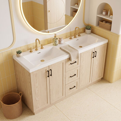 Meuble-lavabo double avec éviers intégrés sans soudure et tiroirs de rangement polyvalents, tablettes