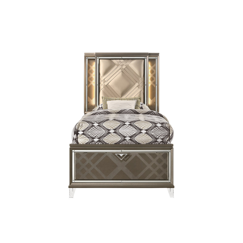 Lit double Skylar en cuir synthétique et champagne foncé avec rangement et DEL