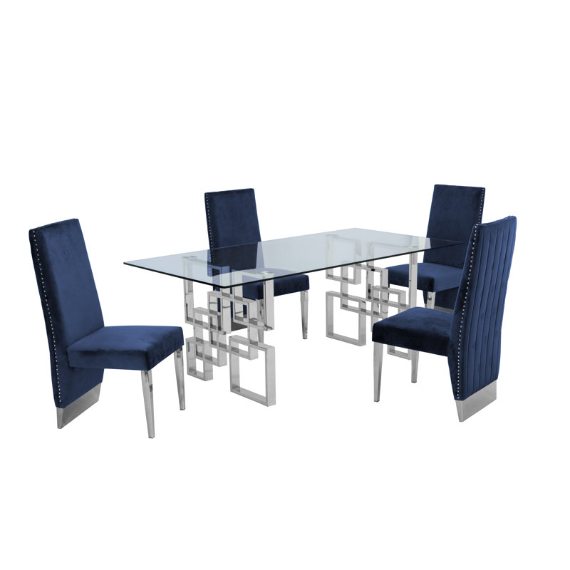 Marano 4 - Person Glass Top Double Pedestal Dining Set, Navy Blue