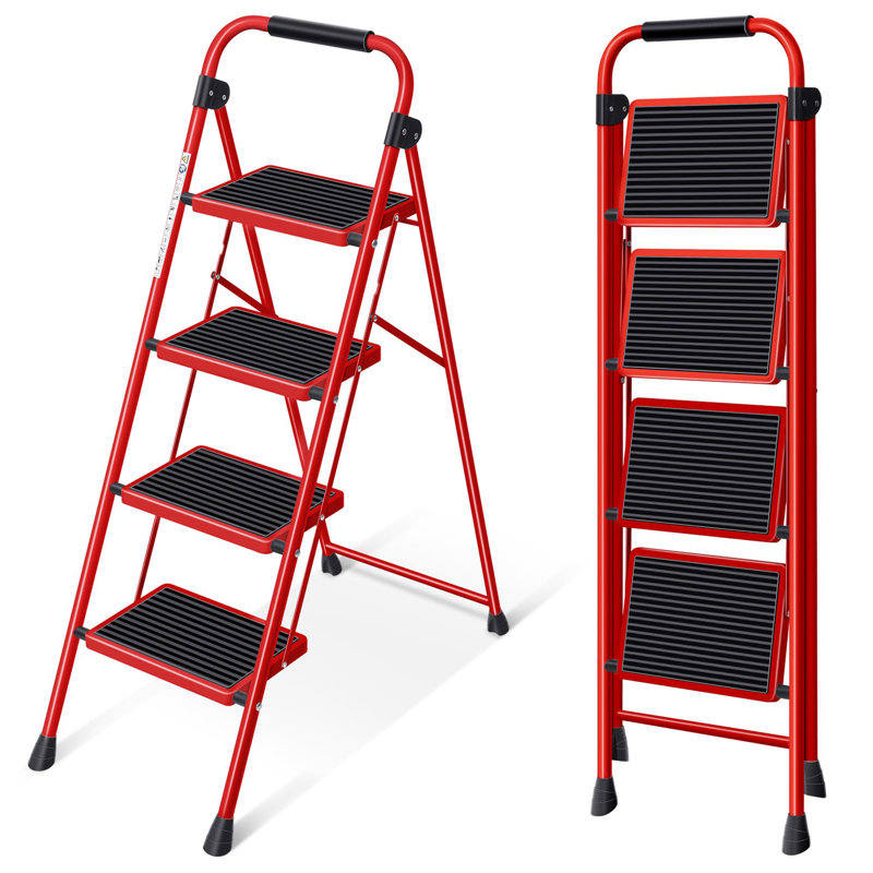 Tabouret à 4 marches Escabeau robuste en acier robuste avec mains courantes et larges marches, Rouge