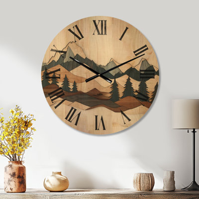 Grande horloge murale en bois avec paysage - Horizons en montagne