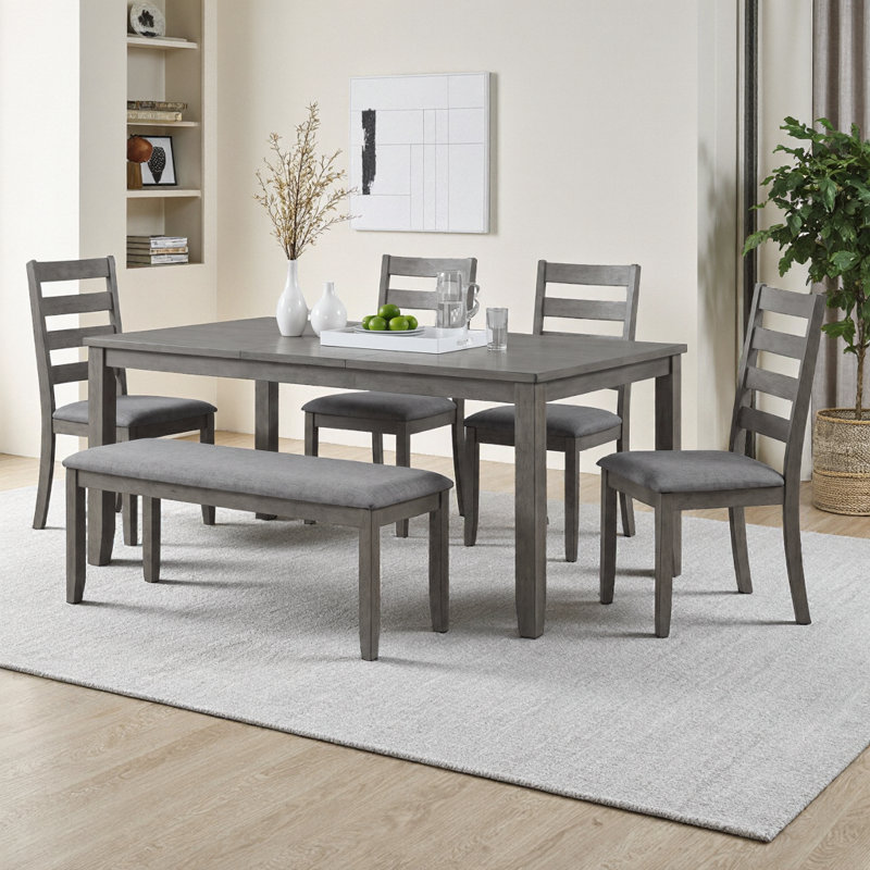 Ensemble de salle à manger 6 pièces pour 6 personnes - Table rectangulaire en bois avec 4 chaises rembourrées + banc, dossier à lattes - Structure en bois d'acacia peu encombrant pour la salle à manger, le bar personnel ou la cuisine familiale