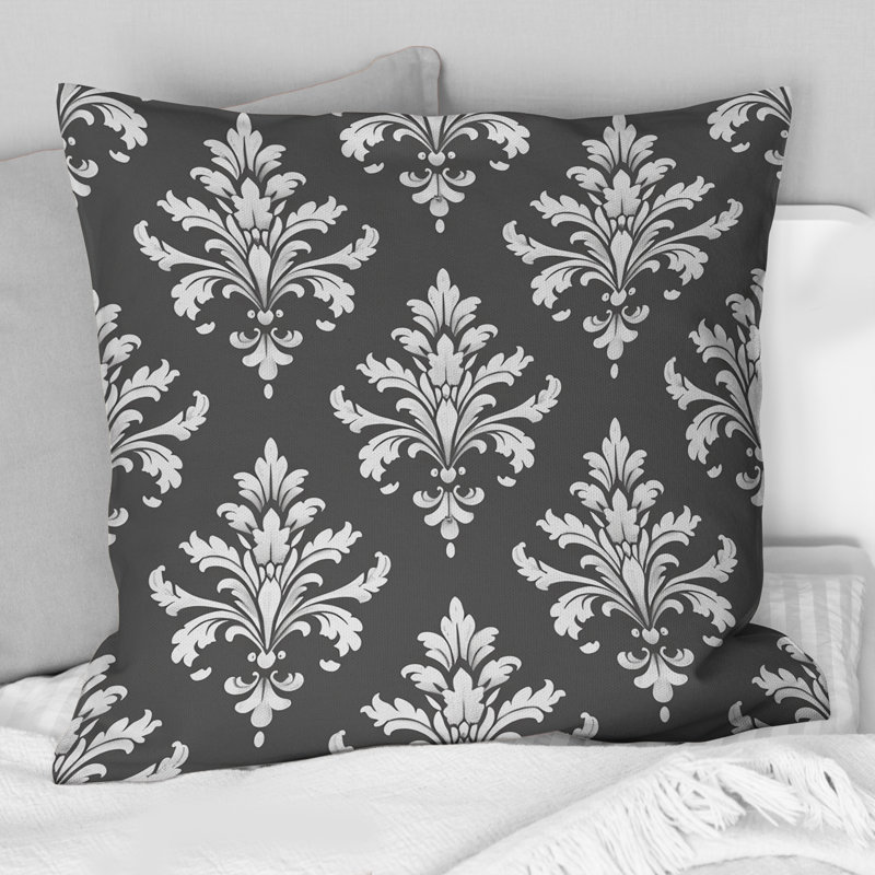 Coussin décoratif gris à motif damassé gris IV, H 16 po x l 16 po