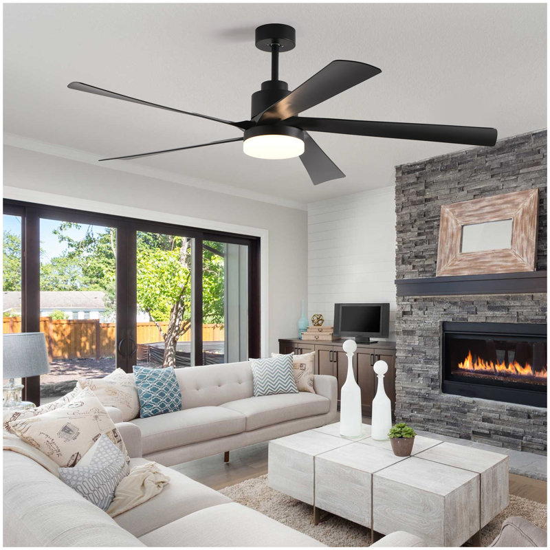 Ventilateur de plafond noir 65 pouces avec lumière, ventilateur à 5 pales à DEL à intensité variable avec télécommande, conception moderne et silencieuse pour le salon et la chambre à coucher (silencieux / 6 vitesses / réversible / moteur à courant continu)