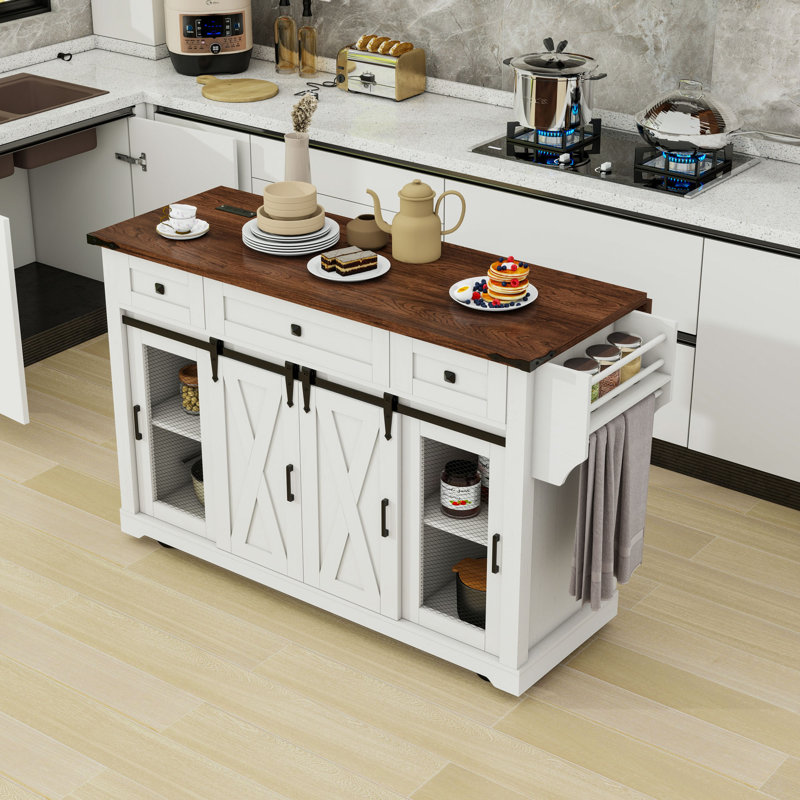 Rolling Kitchen Island with Drop Leaf, Rack, Drawers and Charging Station, White