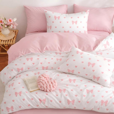 Coquette Bowknot Comforter Set Pink/blue Bow Heart Pattern Bedding Set Microfiber Breathable Soft Princess Fashion Modern Aesthetic Comforter With Pillowcases