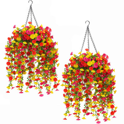 Outdoor Artificial Hanging Plants with Basket, 2 Pack Faux Morning Glory & Petunia Cascading Flowers, UV Fade Resistant Porch Patio Yard Decor