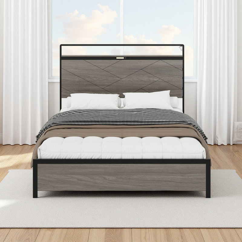 Cadre de lit, cadre de lit plateforme en bois avec tête de lit à DEL avec rangement et 2 ports USB, aucun bruit, aucun matelas à ressorts requis et outils d'assemblage simples, grand rangement sous le lit