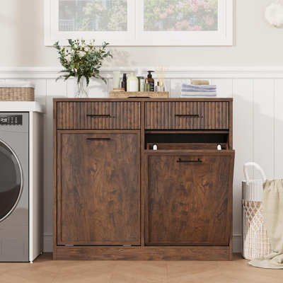 Armoire à linge double inclinable avec 2 tiroirs et paniers amovibles, armoire à poubelle cachée en bois de 20 gallons, armoire de rangement cannelée Farmhouse pour salle de bain, cuisine et salon