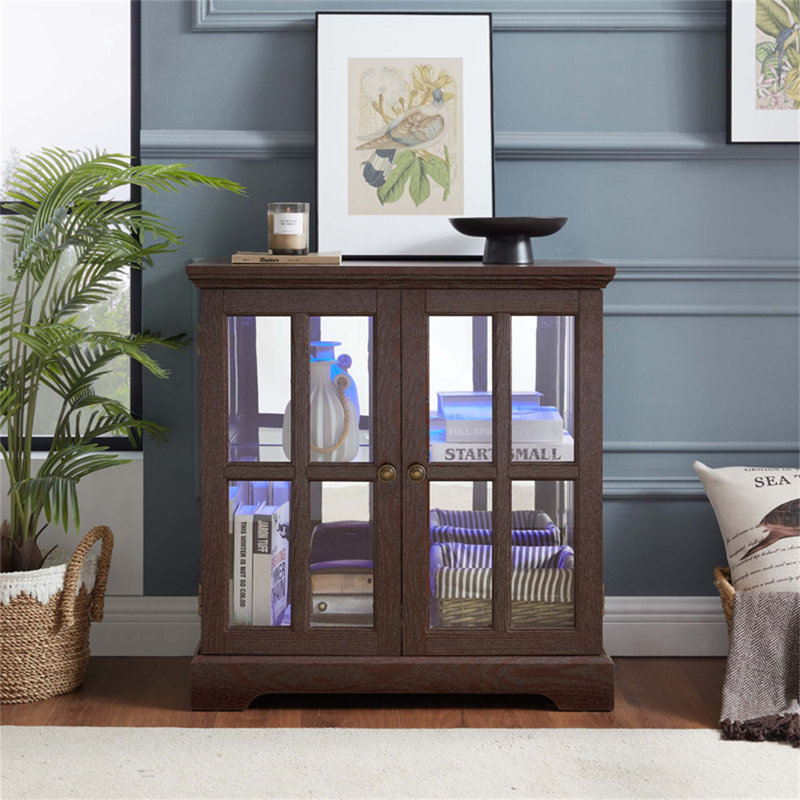 LED Curio Display Cabinet With Adjustable Shelves, Retro Design Quality Showcase For Home Decor And Organization, Cherry