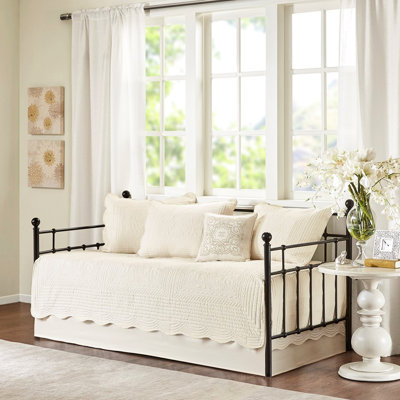 Housse de lit de jour crème - réversible 6 pièces avec bordure festonnée, compatible avec un matelas simple et taille complète