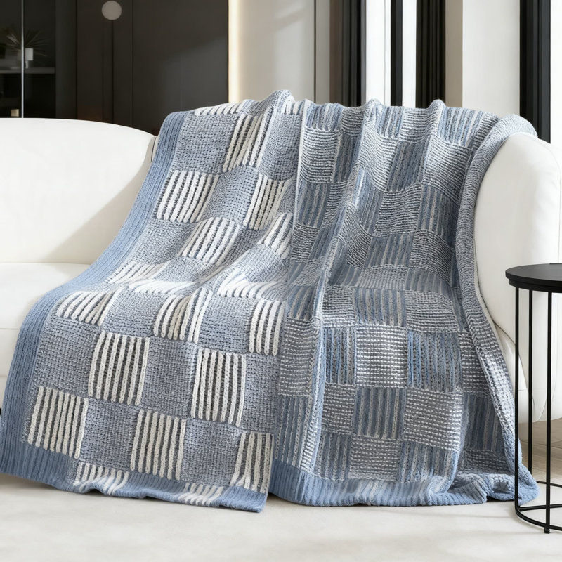 Chenille Knit Throw Blanket For Couch And Sofa, Ultra-Soft Checkered Decorative Blanket, Medium Weight For All Seasons, Blue