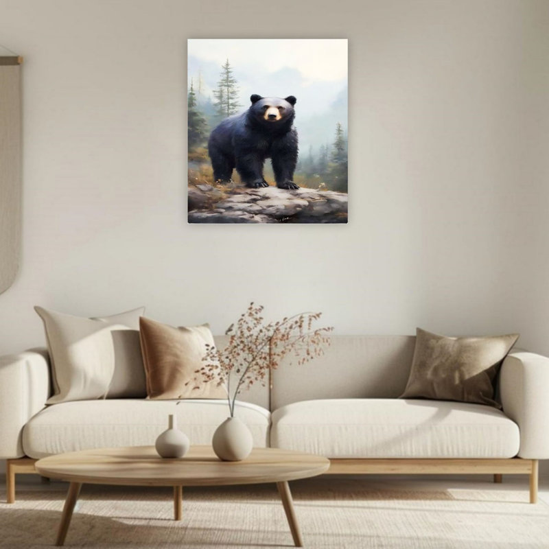 Ours noir majestueux dans un paysage de forêt brumeuse, art mural 24 po x 36 po