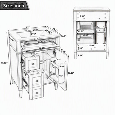 Meuble-lavabo de 61 cm (24 po) avec lavabo en céramique, 3 tiroirs et armoire de rangement avec organisateur de porte, étagère réglable, pieds romains, compatible avec robinetterie de 10 cm (4 po).