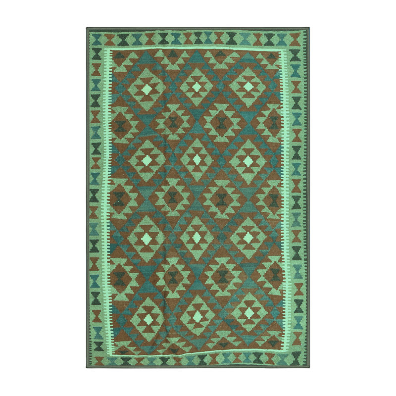 Tapis bleu / gris en laine et polyester tissé à la machine Ikat 7 pi x 9 pi