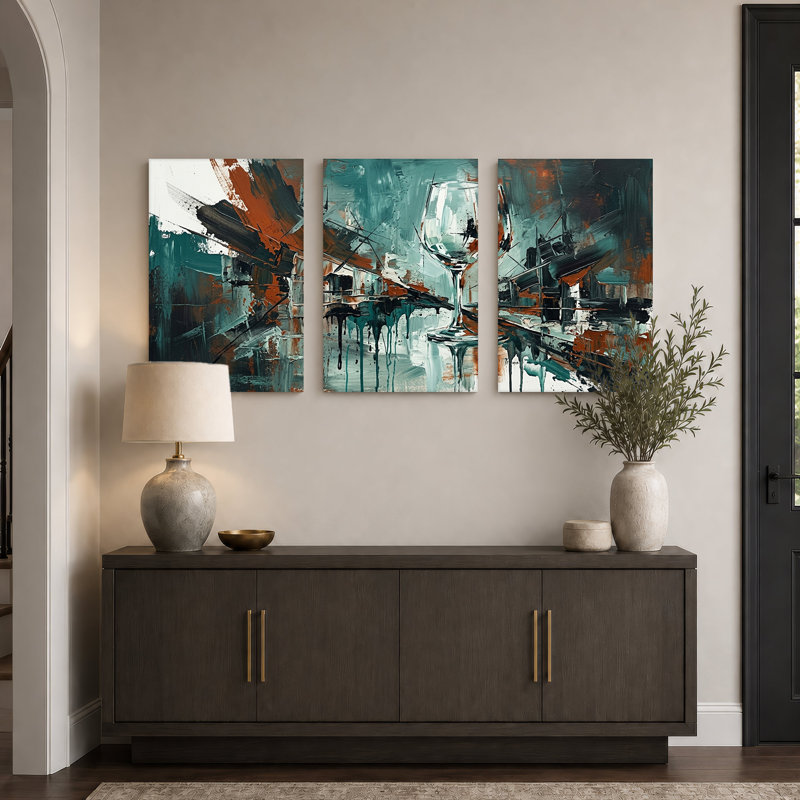 Ensemble de 3 toiles murales représentant des verres à vin abstraits aux couleurs turquoise et rouille, 36"H x 24"W x 3pcs