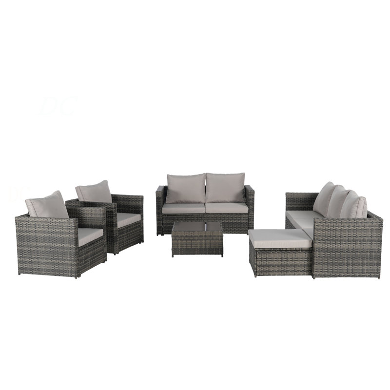 6 Piece Patio Furniture Set,Outdoor Wicker Rattan Sofa Conversation Set All Weather Patio Sectional Sofa Set With Glass Table, Cushions And Pillows For Garden, Backyard