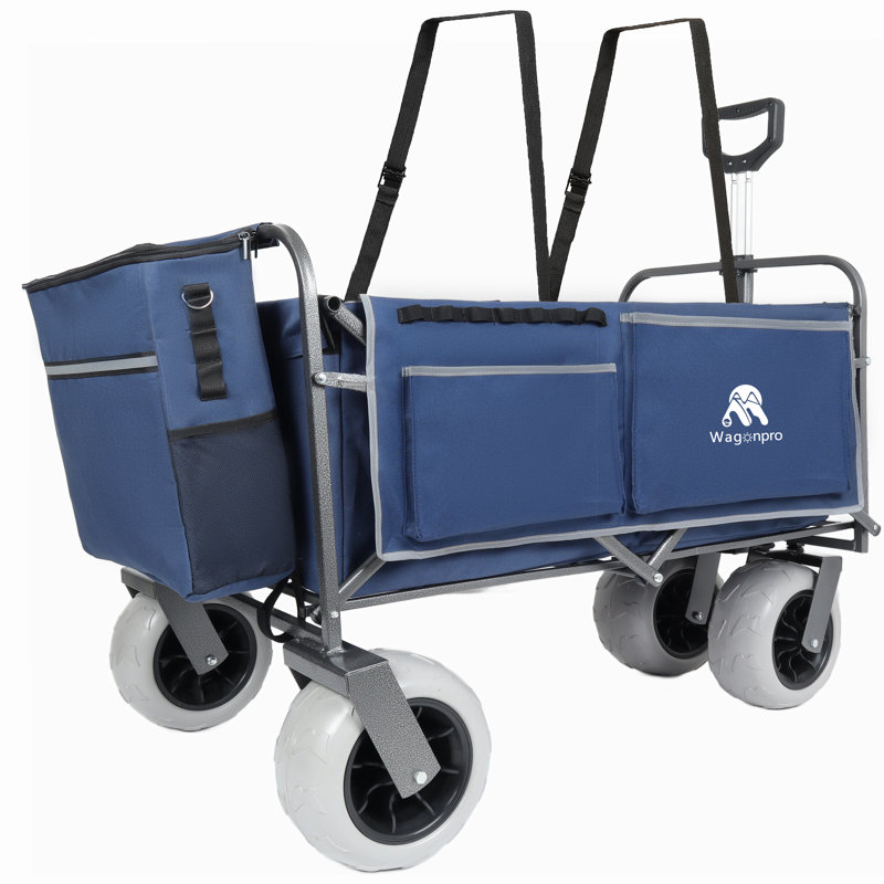 Chariot de plage pour le sable, capacité de 500 lb, chariot tout terrain à structure en acier avec pneus pneumatiques de 9 po, conception pliable pliable, bleu foncé