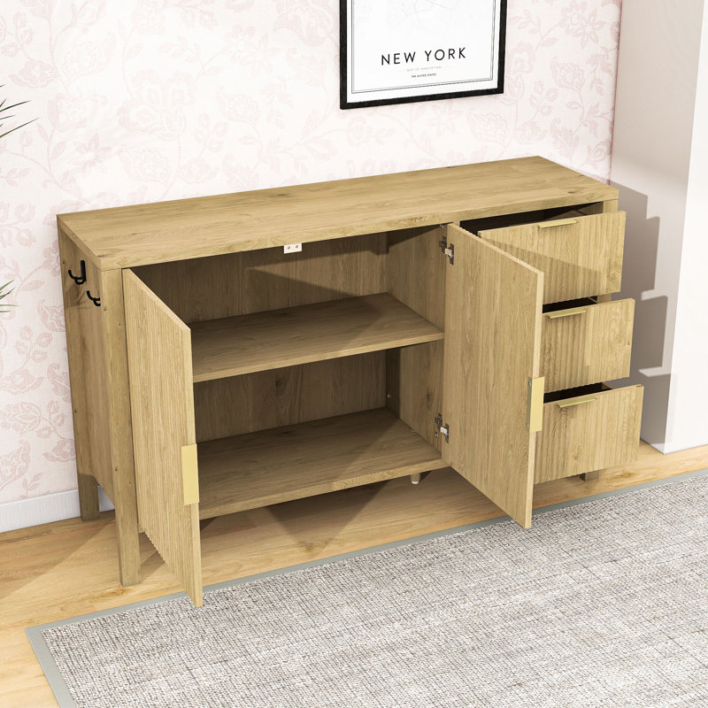 Buffet élégant à motif de vagues avec tablette réglable, tiroirs, crochets et beaucoup de rangement, Naturel